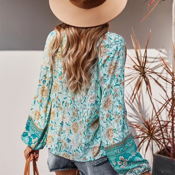 Turquoise Floral Bohemian Peasant Blouse - Picture 3 of 5